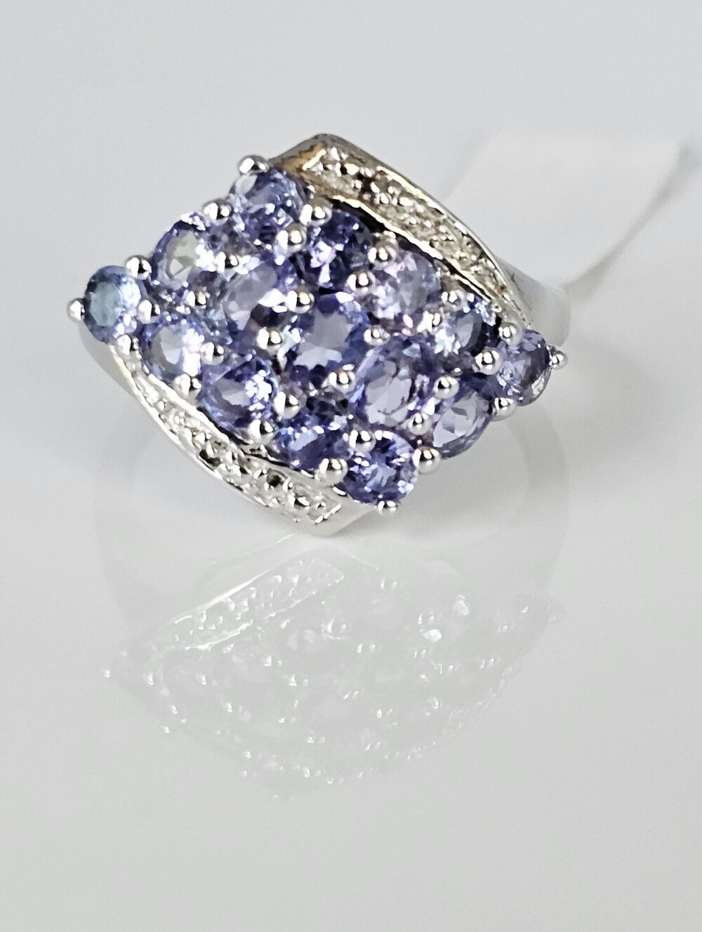 Natural Tanzanite & Diamond Ring Sterling Silver Rhodium Overlay Size 7 NEW - Picture 1 of 5
